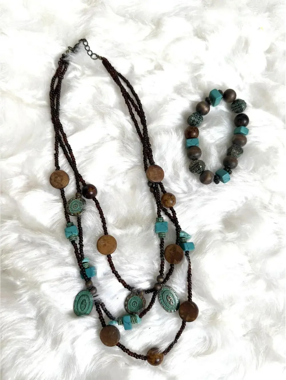 Bohemian Style Turquoise and Brown Beaded Necklace with Matching Bracelet Set